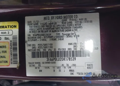 2013 Ford Fusion Hybrid Se z USA, uszkodzony, nr VIN 3FA6P0LU2DR178539